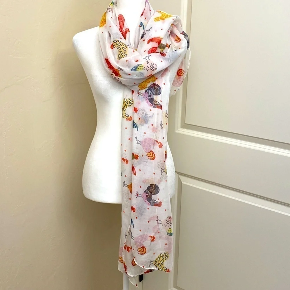 Rooster Hens Scarf Womens Novelty Print Birds Garden Red/White/Gold Sheer 72’